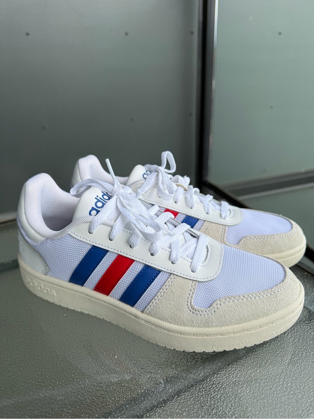 adidas White Sneakers with Blue & Red Three-Stripes